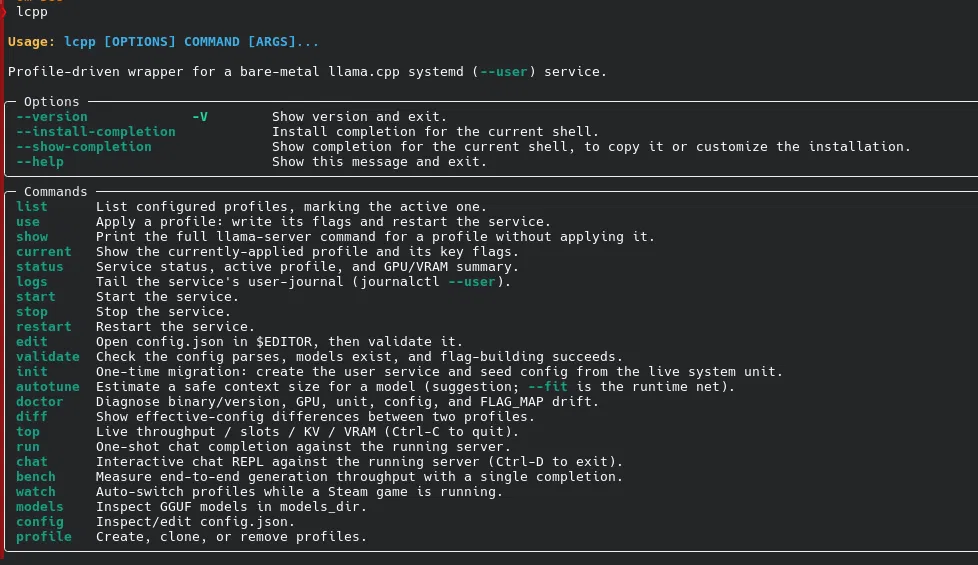 lcpp --help output listing the available commands