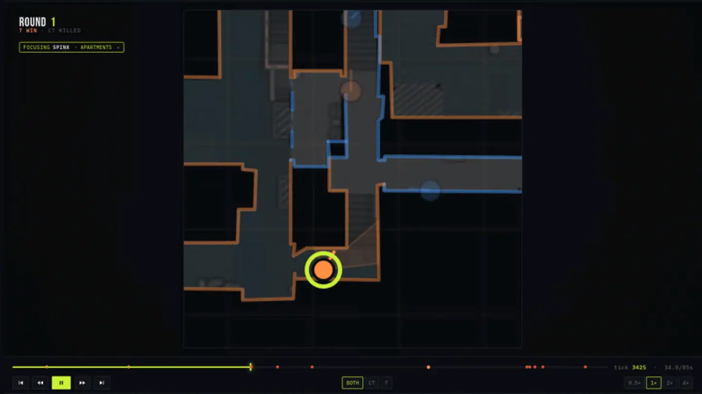parsed.gg 2D replay viewer animating a round